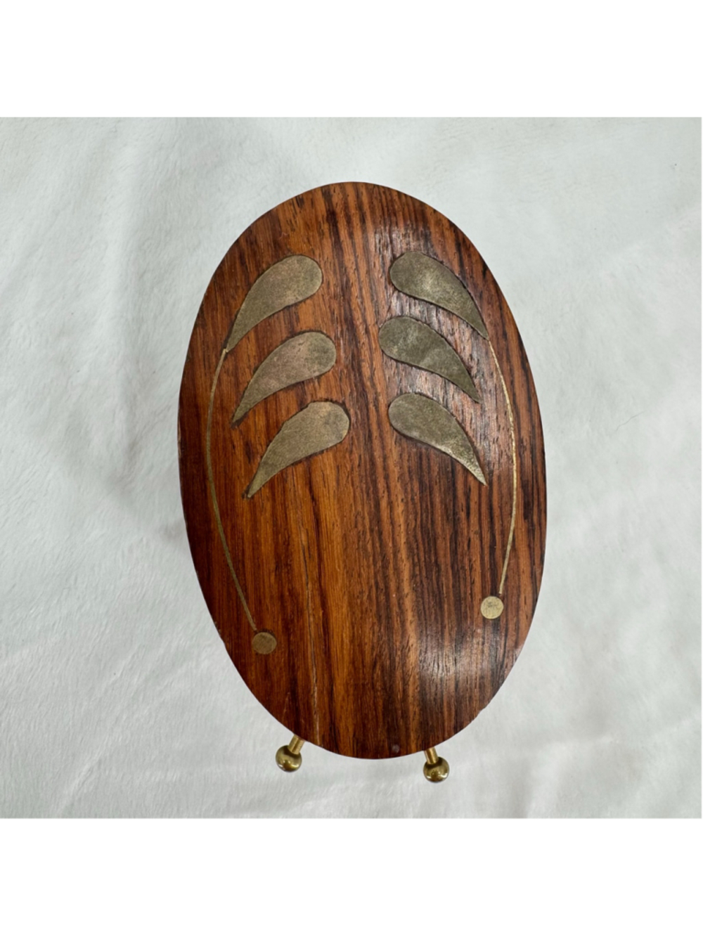 Midcentury Wood Brass Inlaid Desk Cup Pencil Holder Oval Artisan Vintage